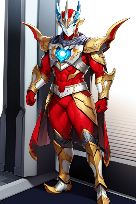 ultramanreiwa, solo, armor, boots, helmet, gloves, blue eyes, red bodysuit, horns, teeth, clenched hands