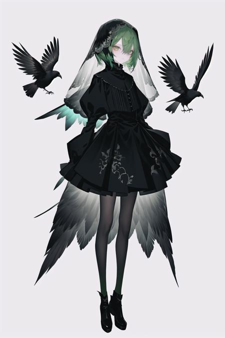 1girl, solo, white background, bird, simple background, full body, high heels, crow, short hair, long sleeves, standing, green hair, hair over one eye, veil, black footwear, looking at viewer, skirt, bird on hand, closed mouth ,
///////////  <lora:kotrou020-000200:1>, <lora:ç»ä¸½çåå½±:0.2>,<lora:add_detail:0.35>, <lora:adaptedmodel:0.35>