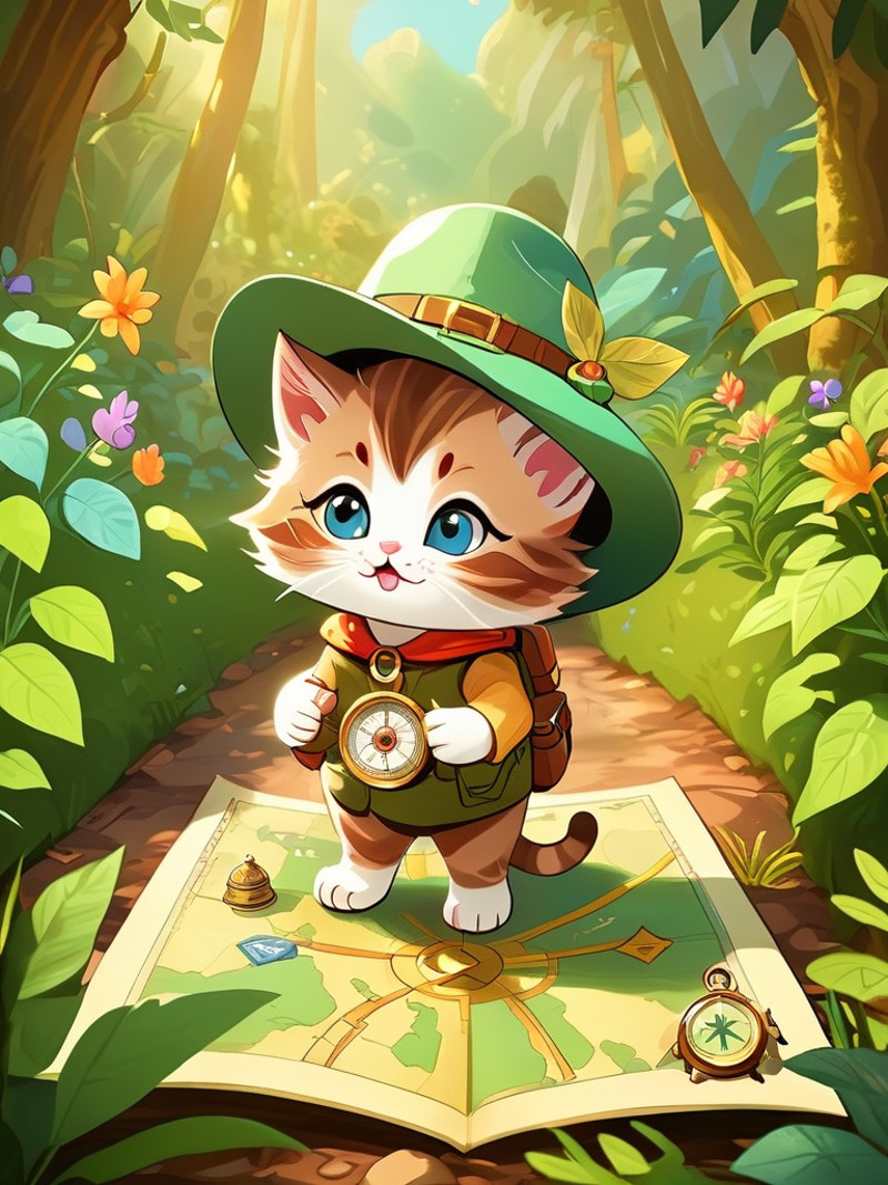 A whimsical drawing of a small, adventurous kitten wearing a tiny explorer's hat, navigating through a garden jungle, with...