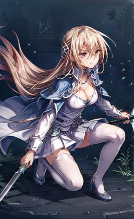 anime artwork extremely detailed CG unity 8k wallpaper, realistic, hand by Guido Daniele
1girl, solo, weapon, long hair, holding weapon, thighhighs, sword, holding, white dress, dress, holding sword, looking at viewer, breasts, white thighhighs, bangs, floating hair, hair between eyes, very long hair, cleavage, closed mouth, collarbone, blonde hair, medium breasts, one knee, hair ornament, red eyes <lora:add_detail:1>, nice hands, perfect hands