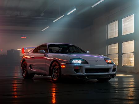 photo of VAL1 mk4Supra in a dimly lit warehouse at dawn, high quality photo, lens flare, bokeh, 8k resolution, gobo lights, warm ambient light, volumetric light, neon lights, depth of field, analog, foggy atmosphere,  <lora:Mk4Supra-000001:.8>,  <lora:analogdiffusion_Lora300:.2>