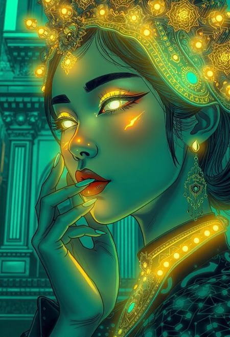 A highly detailed, intricate line-art illustration in the style of Steve McDonald. Detailed hyper realism in the visible body parts (face, hands, legs).
3D rendering, face close-up, CG high model, Elegant [goth ] with bioluminescent glowing makeup and a holographic asian headdress, in a [teal and gold] cyberpunk aesthetic, dark fantasy, anime-style, illuminated by soft lighting
, acrylic painting in style Adam Hughes.
The composition features mesmerizing line work, fine architectural detailing in the background, and a play of light and shadow through intricate hatching. The overall aesthetic is serene, introspective, and dreamlike, blending realism with a highly structured, almost meditative pattern-based design.