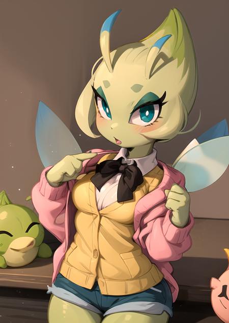 1girl, <lora:Celebi-10:0.9>, Celebi, wings, fairy wings, pokemon \(creature\), green skin, 
cardigan vest, ribbon trim, medium sea green short shorts 
small breasts 
tareme