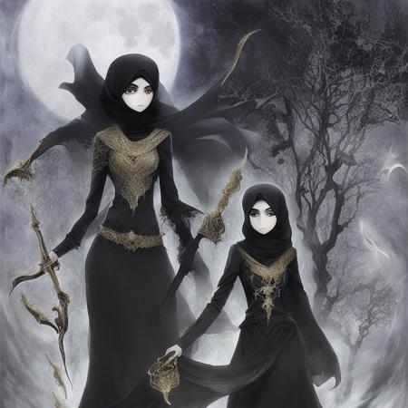 Horror-themed Anime a beautiful  female Arabic Style, mystical powers, magical elements, dynamic action scenes, detailed character design, Hejab Islamic, elaborate backgrounds, emotional expressions, calligraphy elements, fantasy setting, colorful and vibrant, . Eerie, unsettling, dark, spooky, suspenseful, grim, highly detailed