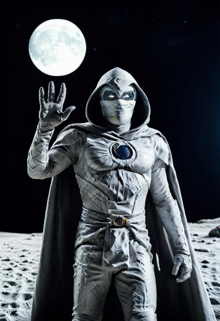 Realistic depiction of 
1 adult male MoonKnight1024, 
white cape with hood, white face mask, bright eyes, 
turning towards the viewer with his left hand up raised in a "live long and prosper" gesture. 
backdrop is 
moon surf4c3, moon surface during Full Moon, 
solo focus, negative space, ray tracing, high key, insanely good quality
