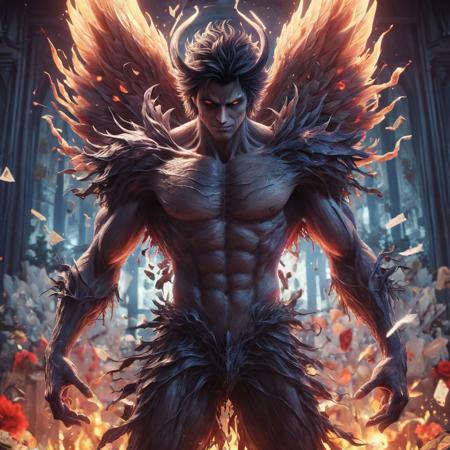 Lucifer from Death note Anime series gear 5 , unreal engine, greg rutkowski, loish, rhads, beeple, makoto shinkai and lois van baarle, ilya kuvshinov, rossdraws, tom bagshaw, alphonse mucha, global illumination, detailed and intricate environment