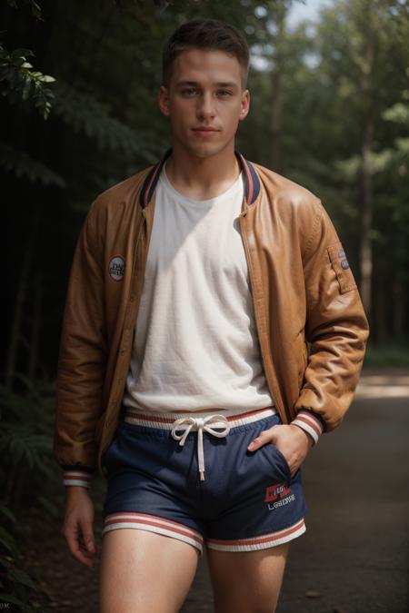 RAW Photo, DSLR , epiCRealism, (male), 1boy, a photograph of jeremy_penn standing (varsity jacket shirt and shorts), <lora:Jeremy_Penn-09:0.8>, deep photo, depth of field, Superia 400, bokeh, realistic lighting, professional colorgraded