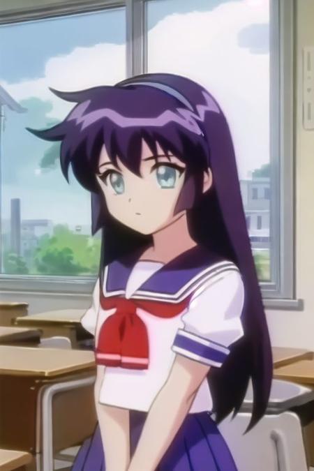 amano_misao, aqua eyes, black hair, purple hair, long hair, aqua hairband, hair between eyes, masterpiece, best quality,, school uniform, serafuku, puffy_short_sleeves, red_neckerchief, blue skirt, school, classroom,