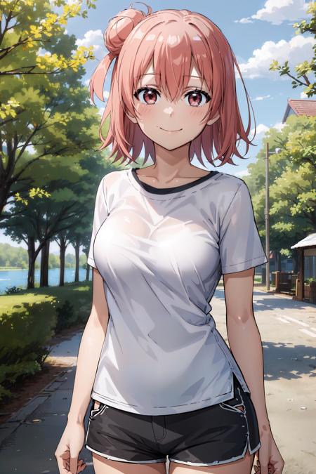 (masterpiece, best quality:1.4), looking at viewer, cowboy shot, smile, closed mouth, yui yuigahama, single hair bun, lake, forest, shirt, shorts, <lora:yui_yuigahama_v1:0.7>