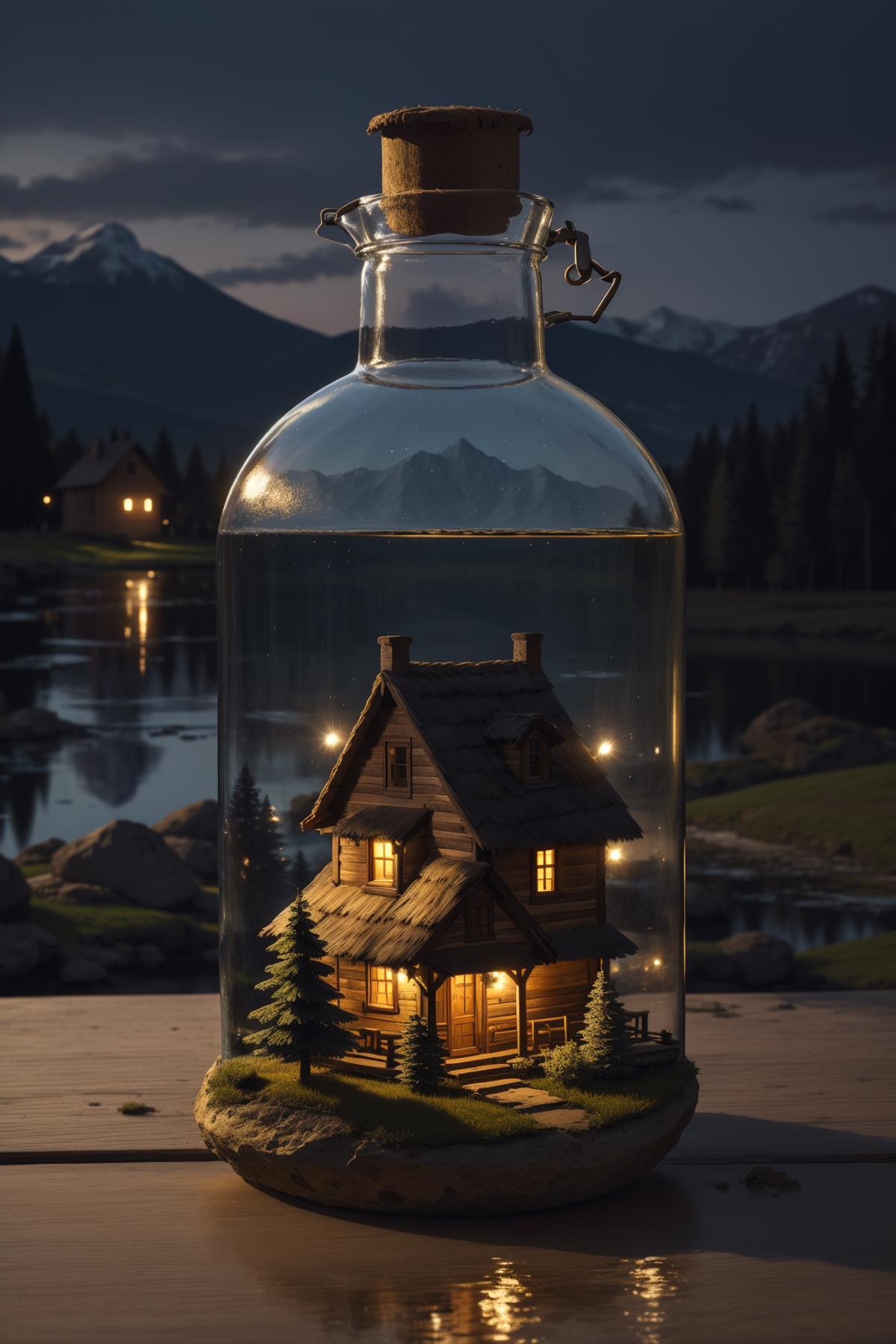 A miniature wooden house inside a glass bottle with a mountainous background.