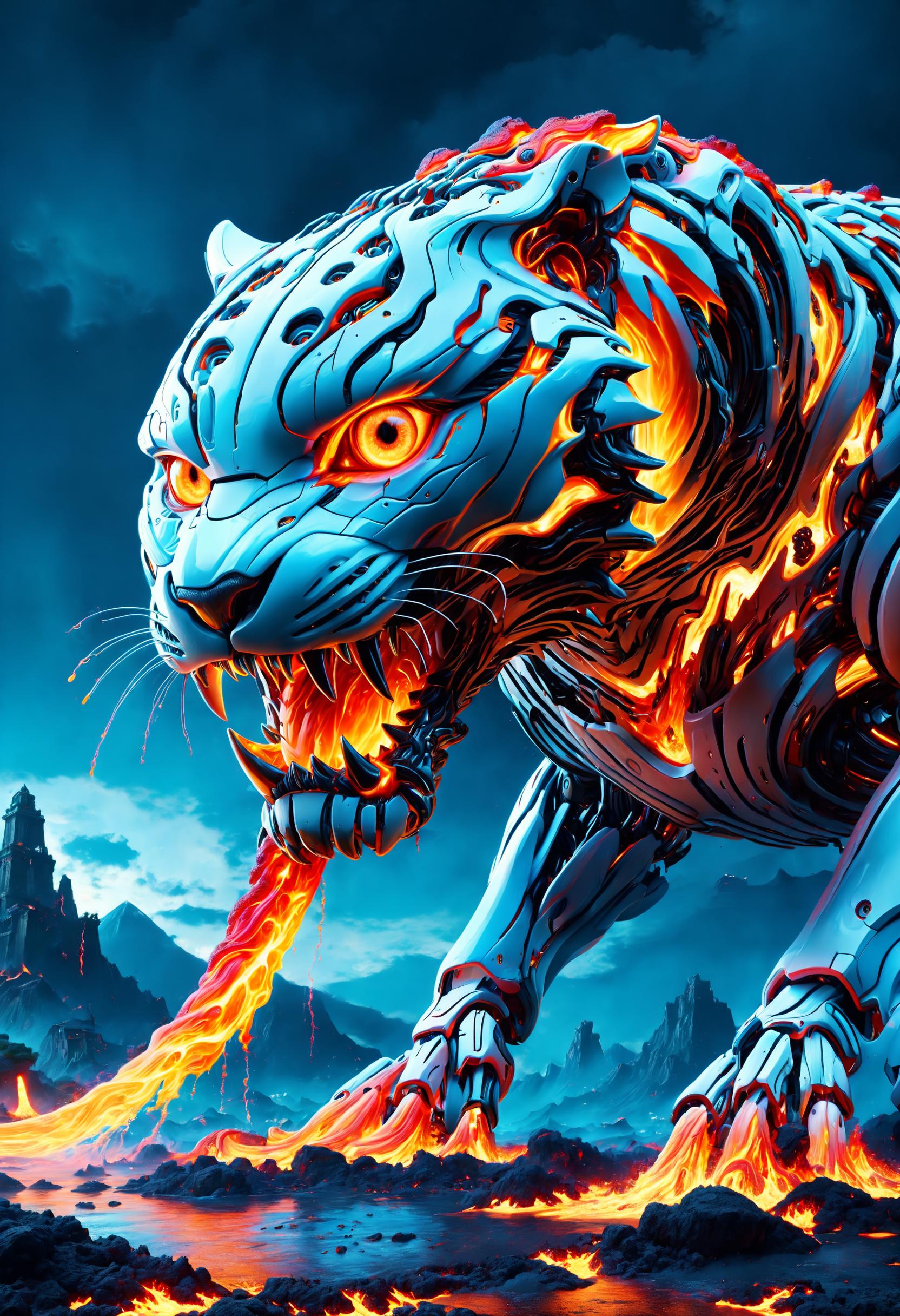 ral-lava, A surreal close-up of king tiger, (robotic eyes:1.5), blue lava everywhere, surreal clouds and objects, roaring, visible big teeth, glowing softly, vivid colors, blue and orange colors, dark atmosphere, night, moonlight, moody surreal lights, (3D render:0.8), lava spills out of its mouth onto the ground, tiger robot hybrid, the rear of the tiger is made from robotic elements,  <lora:LavaStyle_SDXL_[ral-lava]:1>