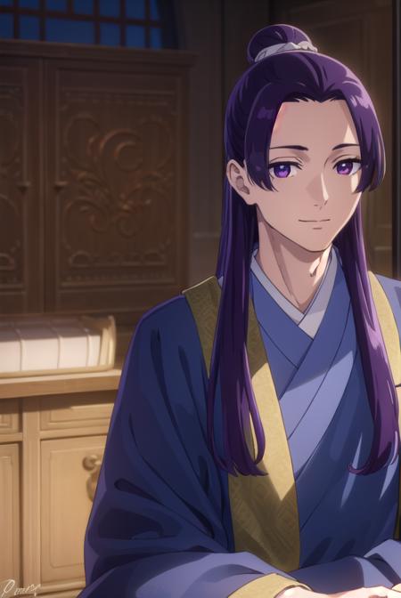 jinshi, long hair, (purple eyes:1.1), purple hair, male focus, hair bun, (parted bangs:1.5), long sleeves, wide sleeves, chinese clothes, robe, hanfu,