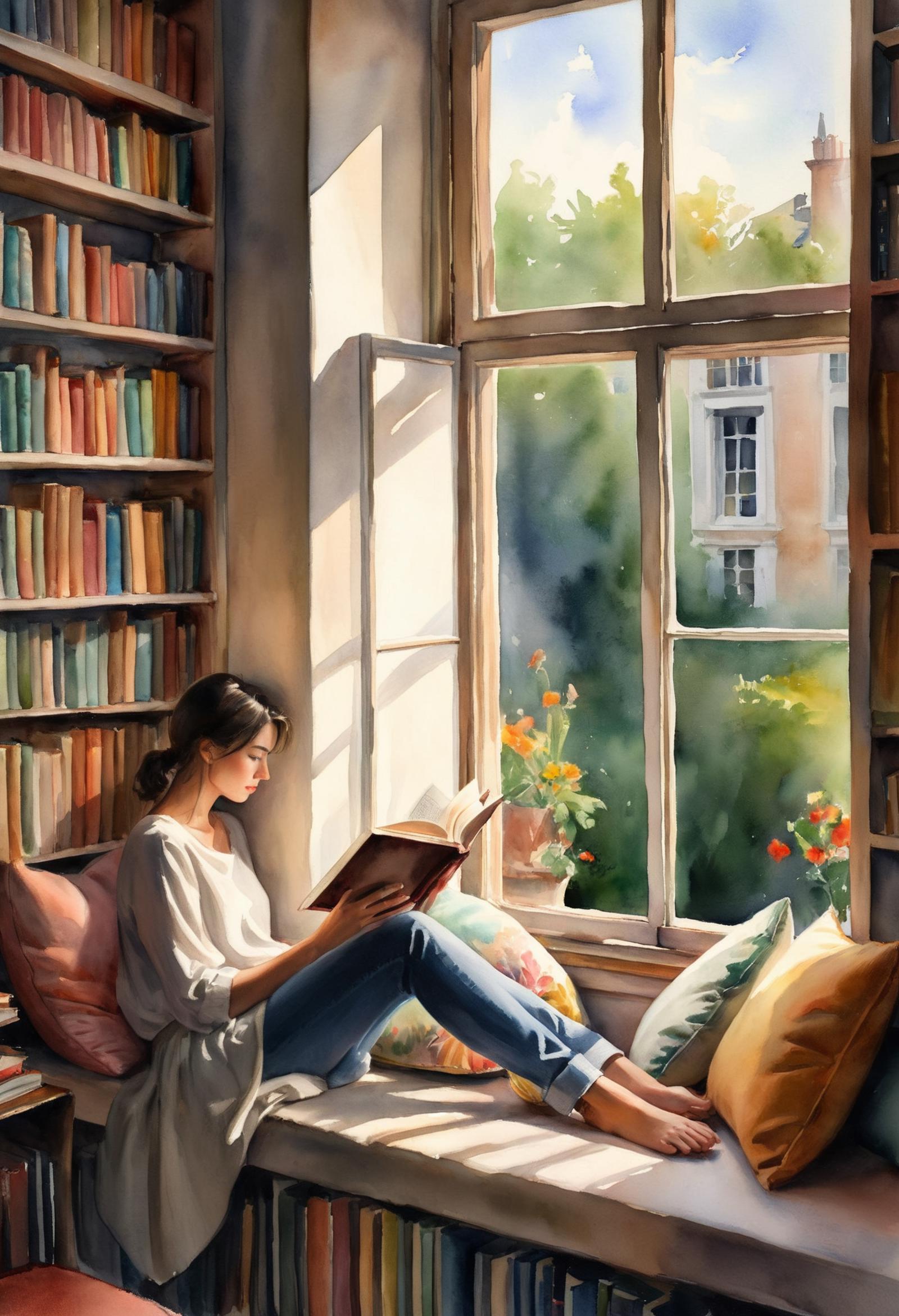 Woman Reading Book in a Comfortable Setting with a Window and Books Around Her