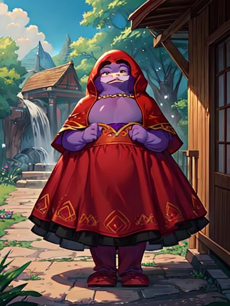 ethereal fantasy, magnificent, celestial, ethereal, painterly, epic, majestic, magical, fantasy art, cover art, dreamy, <lora:Detail - add_detail:0.2>,  RedRidingHoodCh,  red dress, outdoors, forest, red capelet,  <lora:Character - Grimace:1>, Grimace, purple, mascot, fat