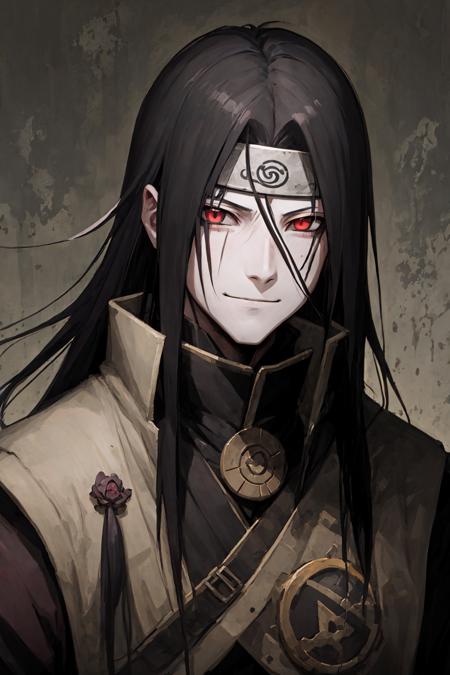 orochimaru, 1boy, red eyes, male focus, solo, headband, forehead protector, looking at viewer, colored sclera, closed mouth, pale skin, smile, black sclera, konohagakure symbol, upper body