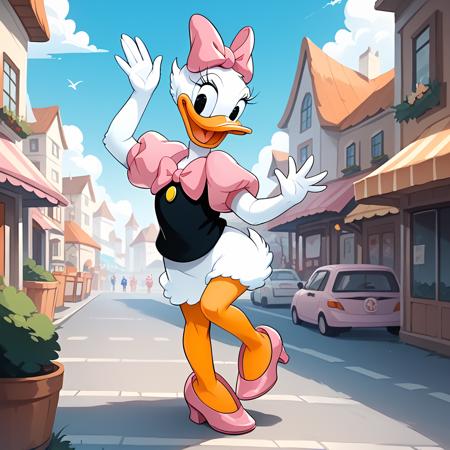 daisyduck, white plumage, white feathers, orange legs puffy sleeves, short pink sleeves, black shirt, pink stiletto heels