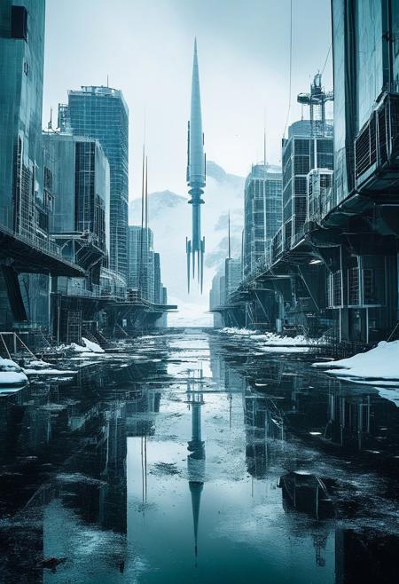 ()Hyoer Realistic:2.0)Polaroid picture of  image of Antarctica, where the ice sheets are rapidly melting due to global warming. As the ice thaws, a hidden futuristic utopian city is revealed, with towering skyscrapers that stretch high into the sky. The city is surrounded by spacecraft energy towers, humming with power, and a (((((massive space elevator that reaches into the atmosphere.)))))
The city's architecture is a blend of sleek, modern design and ancient, alien structures, hinting at a long-forgotten civilization. The air is clean and fresh, with a hint of ozone and electricity. In the distance, a fleet of spacecraft can be seen taking off and landing, as the city's inhabitants go about their daily lives.
Capture the surreal, futuristic atmosphere of this scene, where the thawing of Antarctica reveals a hidden, utopian world, teeming with life and technology