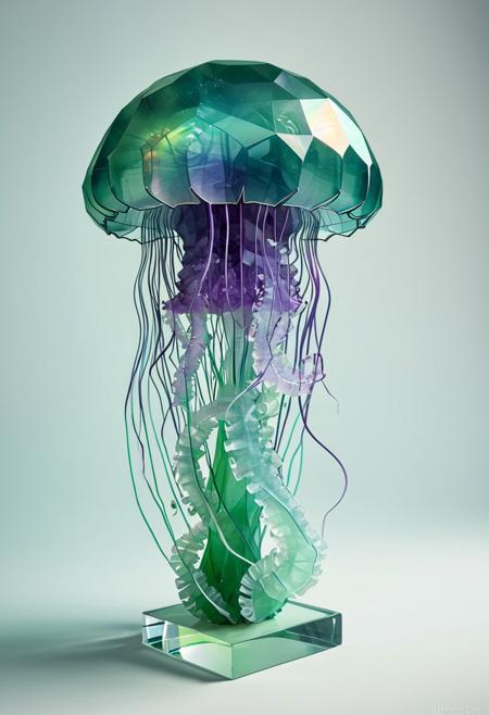 best quality, masterpiece, high resolution, intricate detailed,
jellyfish sculpture made of fluorite mineral, flu0rite, 
iridescent, translucent,
green gems,
Low poly, minimalism, Polygonal shapes, geometric designs, three-dimensional model, Clear and bright shadows creating depth and volume, Simple and well-defined geometric shapes, Absence of small details and textures, simplified forms, Clean and modern,