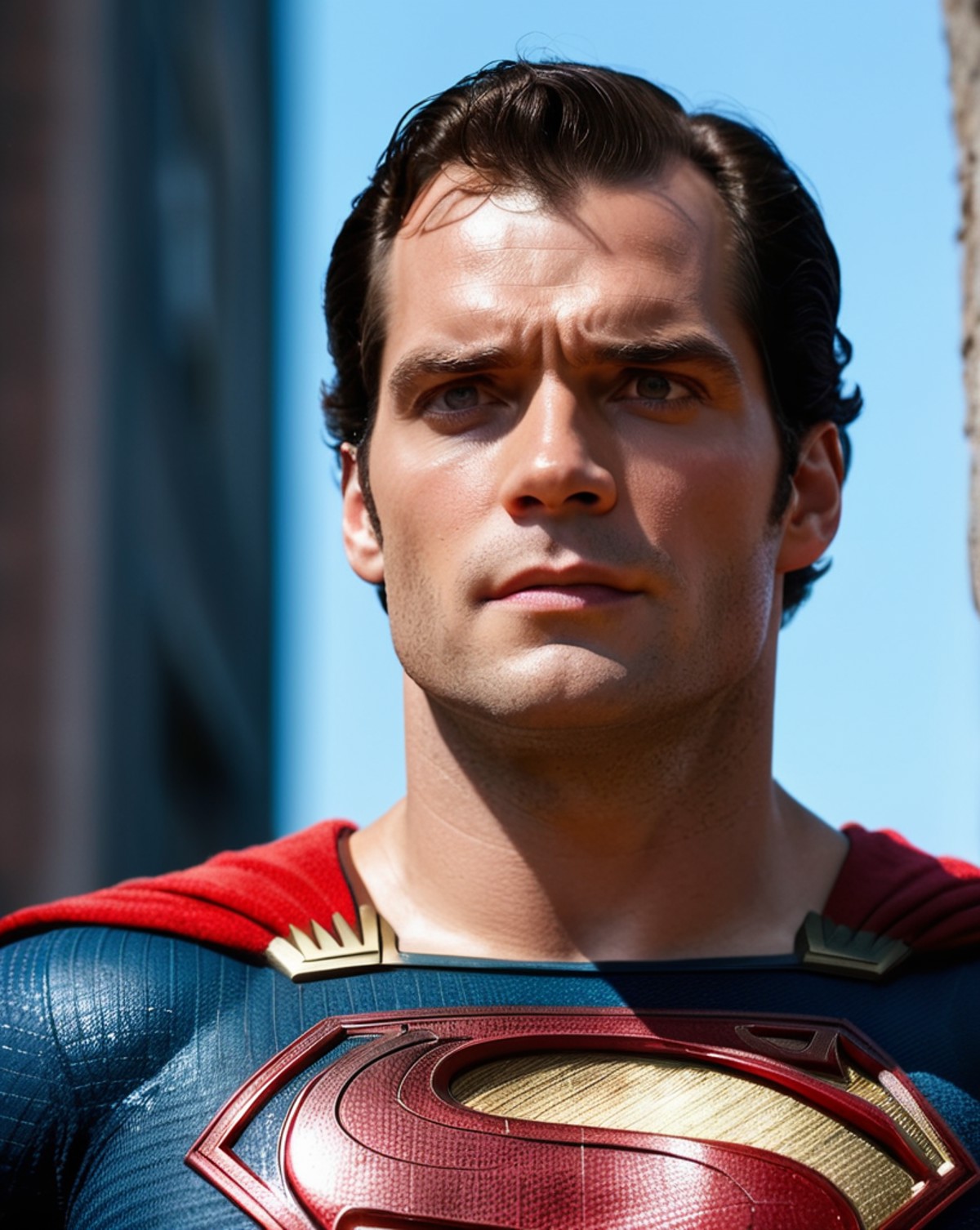 Henry cavill superhero, cape long red, upper body,cinematic, movie, grain movie (2023s), building destroyed , realistic , ...