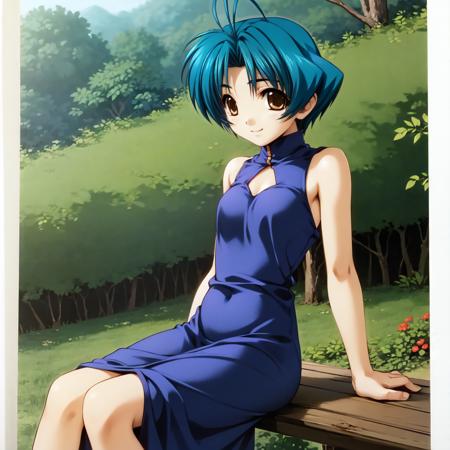 solo, Yoroi Mikoto, brown eyes, blue hair, antenna hair, in a forest, sitting on a branch, long dress, smile