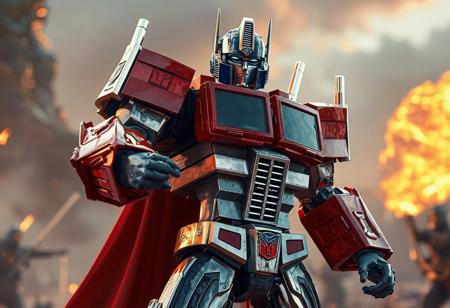 The image features Optimus Prime, the Perfect Machine King from Transformers, standing majestically in a dynamic action pose against a backdrop of a Beast Burial Ritual. The character is intricately detailed with lifelike features, super detailed face, eyes, and clothes, handcrafted with precision. The 4K image boasts exceptional quality, stunning colors, harmonious composition, captivating lighting, and vivid emotions. The character's red and blue body with silver accents creates a high-contrast and visually striking effect. This masterpiece is rendered with Octane Render, using high definition, 8k resolution, complementary colors, and cgsociety techniques, making it trend on Artstation.