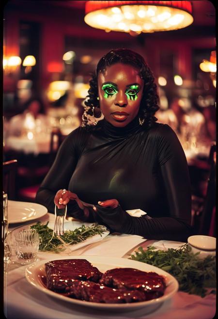 ()Hyoer Realistic:2.0)Polaroid picture of 
 image of an upscale steakhouse, where( a group of Beautiful mature, busty black women, each with a voluptuous figure :1.85) gather around a lavish table, (savoring their juicy steaks:1.50). Unbeknownst to them, the (restaurant's steak is infused with a green, hypnotic glowing slime:1.85) that seeps into their minds.
As they dine,  (solid glazed sclera eyes:3.30) ( and they become entranced, their faces slackening into a serene, obedient expression:2.45). The waitress, aware of the gel's effects, subtly guides them to leave extravagant tips, far exceeding the total bill.