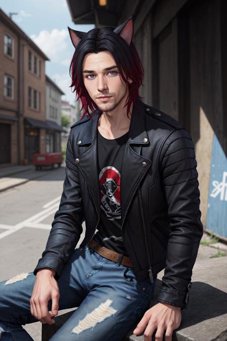 Chris_Xvoor,  1boy,  male focus,  solo,  looking at viewer, ,  blue eyes,  black hair,  animal ears,  sitting,  jacket,  red hair,  outdoors,  day,  pants,  cat ears,  blurry,  black jacket,  torn clothes,  blurry background,  denim,  jeans,  leather,  torn pants,  leather jacket,  torn jeans,  denim jacket,  upper body,  specular highlights,  detailed face,  detailed eyes,  detailed hair,  textured hair,  rim lighting,  extreme light and shadow,  masterpiece,  official art,  portrait, <lora:EMS-47371-EMS:0.500000>