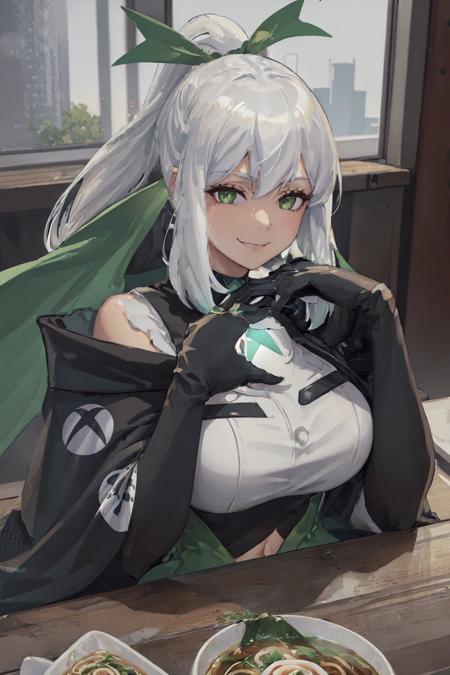 (masterpiece, best quality:1.2), <lyco:consolechan_xbox-09:0.9>, upper body, solo, 1girl, xbox-chan, smile, looking at viewer, head rest, white hair, ponytail, green hair ribbon, clothing cutout, stomach cutout, cape, (gloves:1.1), indoors, table, bowl of ramen