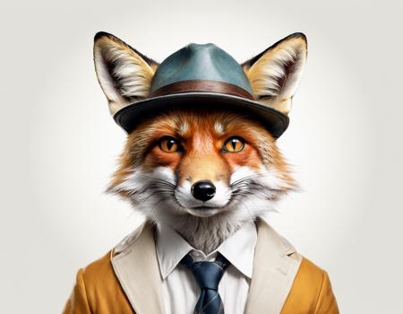 anthropomorphic fox, wearing human clothes, clean white paper background, from marvel studios, [ [ hyperrealistic ] ], small animals, by Tyler Jacobson