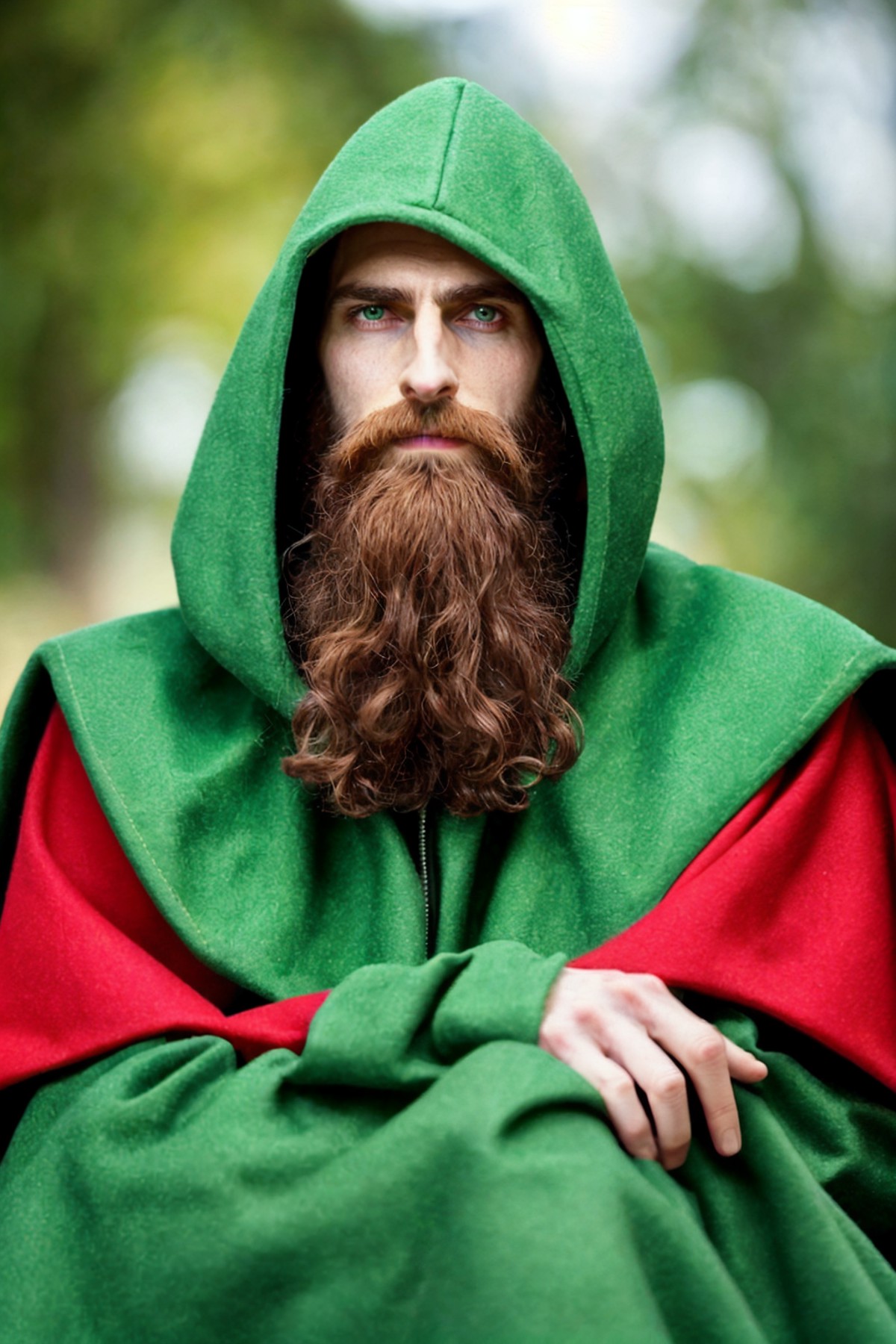A man with beard, wearing a green cape with hoodie, medieval-headwear. Side view, facing viewer, full body shot, sitting.
...