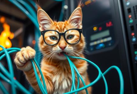 orange striped tabby wearing nerdy glasses, chewing fiber optic cable, breaking fiber optic cables, background: server room catching fire