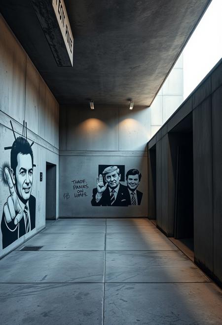 minimalist brutalist architecture meets provocative stencil street art, raw concrete and stone textures blending with high-contrast political imagery, atmospheric lighting with conceptual urban intervention, muted neutral tones with striking visual contrast, introspective space meets rebellious social critique