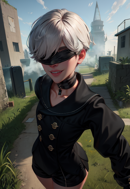 Yorha white hair,black blindfold,short hair,black choker, lips, mole under mouth, 
standing, upper body, smile,  from above, 
 black gloves,long sleeves, black shorts, black jacket,buttons, 
deserted school yard, fog, grass, (insanely detailed, beautiful detailed face, masterpiece, best quality)
 <lora:Yorha9s-10v7:0.8>