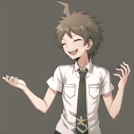 danganronpaHajimeHinata, (solo:1.3), 1boy, looking to the side, laughing, smile, short hair, open mouth, bangs, simple background, brown hair, shirt, closed eyes, white shirt, upper body, ahoge, short sleeves, male focus, necktie, teeth, shiny, collared shirt, shiny hair, hands up, upper teeth only, black background, pocket, breast pocket, green necktie <lora:danganronpaHajimeHinata:0.8>