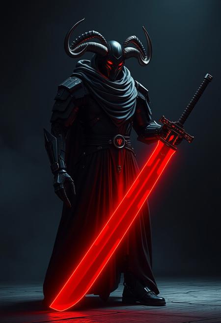full body, A foreboding futuristic robot figure garbed in black stands, donning a voluminous flowing robe and a sleek helmet with extremely long horns curving backwards, red glowing eyes pierce the dim light, an insanely glowing red massive katana illuminates the area, creating a stark contrast between the sharply defined character and the surrounding shadows, <lora:XL_Weapon_Katana_-_By_HailoKnight:0.5>, <lora:EpicF4nta5yXL:0.6>