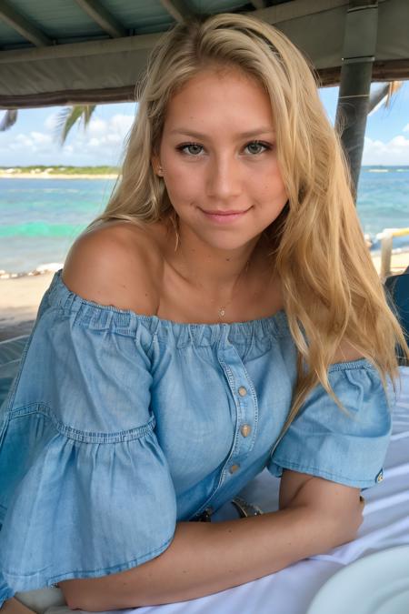 RAW photo of annkou, Off-the-shoulder blouse and denim skirt for a beachfront dinner, closeup portrait, blonde, (high detailed skin:1.2), 8k uhd, dslr, soft lighting, high quality, film grain, Fujifilm XT3,  <lora:annkou-000061:1>
