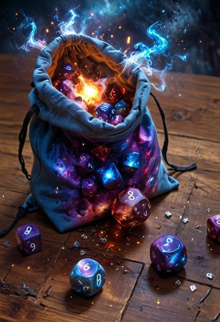 CosmicStyle, Close-up shot of a dice-bag laying on its side spilled on a worn wooden table, galaxy and cosmic dice filled with nebulas, standard D&D Dice, 6-sided Dice, star dust spilling out of bag, enchanted, forlorn magical universe dice, magic bag of tricks, wizards dice, emitting sparks and light, Macro photography, very colorful contents spilling out of bag, dark and warm environment, gaming dungeon, epic, fantasy art, realism, special effects, infinite universe inside bag