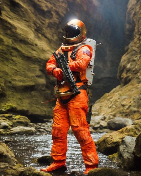 classicnegative photo, a female space soldier wearing an orange and white space suit exploring a river in a dark mossy canyon on another planet, helmet, gold tinted face shield, (glowing fireflies), (dark atmosphere), haze, halation, bloom, dramatic atmosphere, sci-fi movie still