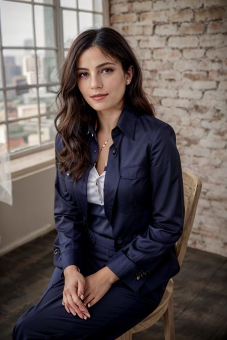 wearing a business suit, navy blouse,  birthday party  <lora:Monica1873Bar:1> a woman, m1873b, solo,