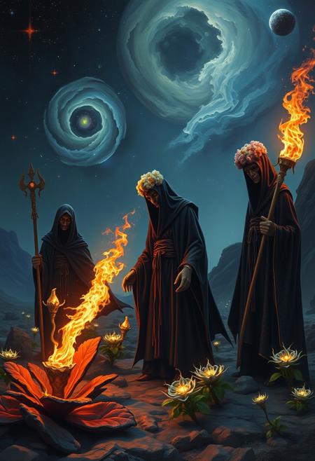 style of Ted Nasmith,
Oil painting, by Jean-Franois Millet, by Gustave Courbet, by Jules Breton, traditional media, oil painting, famous artwork by (karl kopinski:1.2), fantasy style,thumbs,(ghost),
On a desolate alien planet, a techno cultist clad in dark, crown of flowers, (fire staff on hand), shimmering robes tend to a garden of bioluminescent plants, their demonic features illuminated by the eerie glow, the night sky filled with swirling nebulae,
realistic,
dark fantasy, masterpiece, highly detailed, ever quest, old school rpg,
, masterpiece,,
