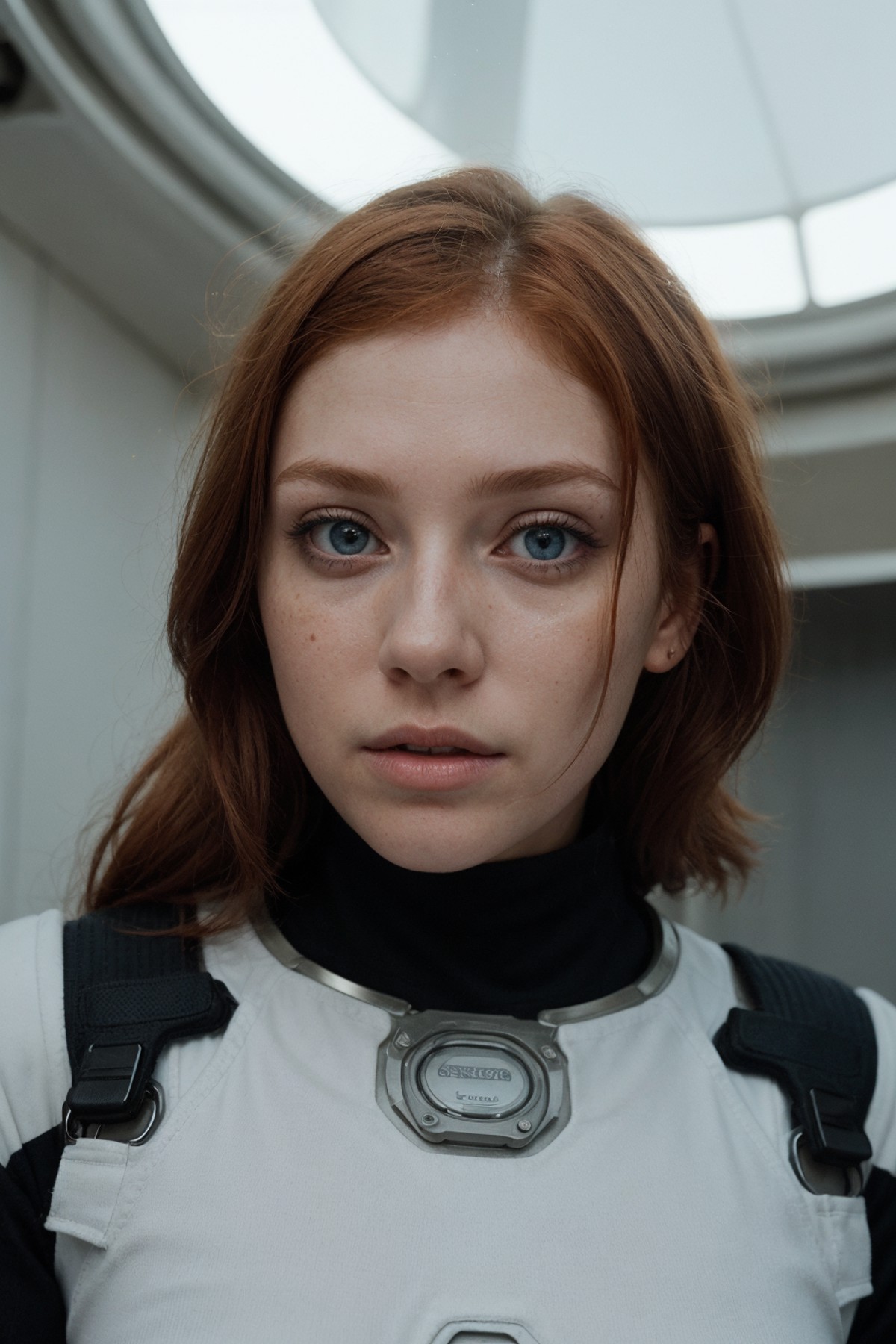 photo of a ginger woman, in space, futuristic space suit, (freckles:0.8) cute face, sci-fi, dystopian, detailed eyes, blue...
