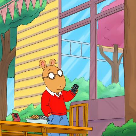 Arthur from arthur cartoon show 1male, solo, kid, 1boy, solo glasses, yellow sweater, blue jeans