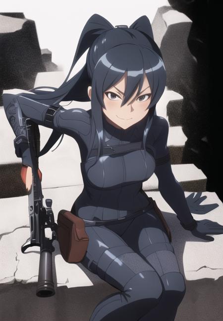 <lora:Pitohui_Elza:0.8>, Pitohui_Elza, sitting, assault rifle, holding rifle, smirk, headgear, (acclaimed, alluring, captivating, exciting, gorgeous, striking:1.3), (highly detailed, high quality:1.3)