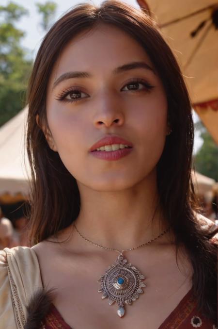 half body photo of a woman  dressed in classic luxury native Indian style, ultra-detailed, native fashion,  rich environment, one Indian tent behind her in the background,
(good whether sun:1.2), no wearing any jewelry, (fire smoke:1.2),
. 35mm photograph,  bokeh, professional, 4k, (highly detailed) .
  <lora:add-detail-xl:2> <lora:Miyu_Murashima:1>