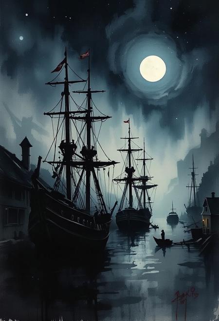 A dinkfsn style ink wash painting, pirate galleons moored in a fantasy harbour town dock, silhouetted at night, dim moonlight, chiascuro