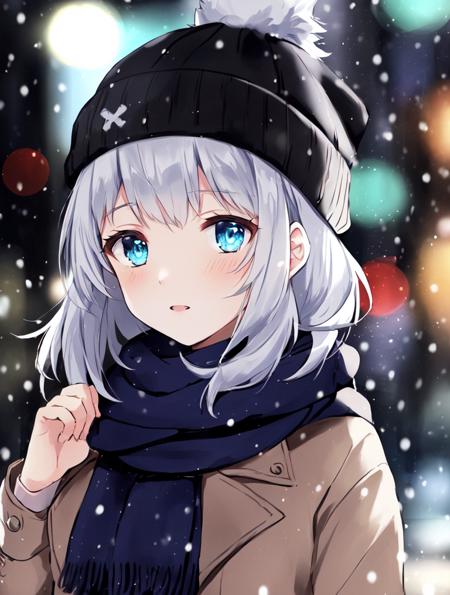 absurdres, masterpiece, highres, cinematic, full HD, 8k, intricate detail, ultra detailed, illustration, (portrait), landscape, 1girl, (road, street:1.4) gothic, white hair, black beanie, blurry, (bokeh, blurry background:1.4), (city lights, neon lights:1.4), winter, morning, sunrise, (Lens Flare), (city, cityscape:1.4), light blue eyes, eye focus, scarf, depth of field, snow, snow particles