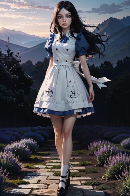 (masterpiece, highres, best quality:1.2)
 <lora:AliceMadness:0.8>
AliceMadness, 1girl, solo, long hair, black hair, dress, full body, lavender field, morning, soft and warm light with a gentle breeze , horror \(theme\)