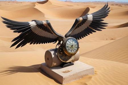 Clock with wings and talons in desert