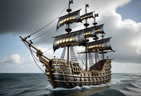 qu4ntum, Silver and brass punk Pirate ship, epic, high seas, cloudy mid day, high quality, detailed, realistic, photograph, afternoon lighting