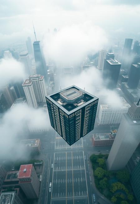 Gravity has disappeared in the city and everything starts to rise into the air, a bird's-eye view,
